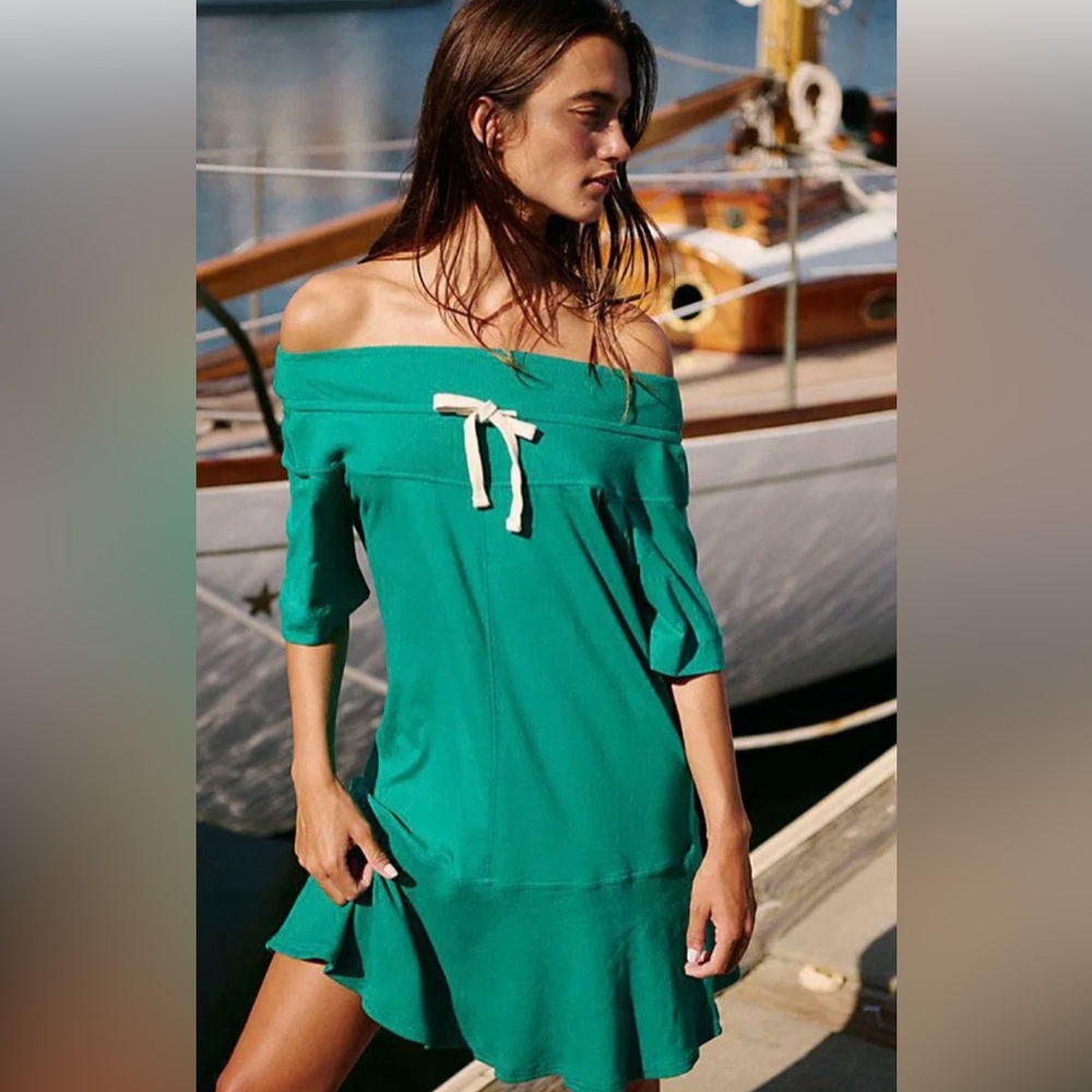 NWT Free People Gemma green off the shoulder cotton Mini dress size small